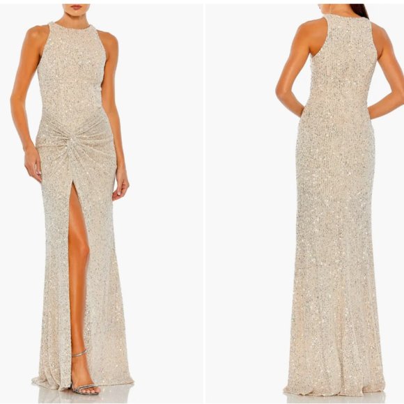 MAC DUGGAL SEQUINED RUCHED NUDE SHEATH GOWN sz 8